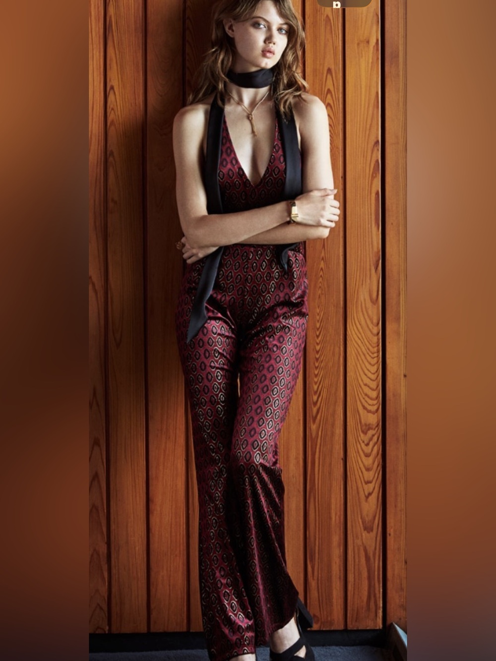 Motel Rocks Moody Maroon Burgundy Metallic Halter Wide Leg Jumpsuit  70s Party - Picture 14 of 14